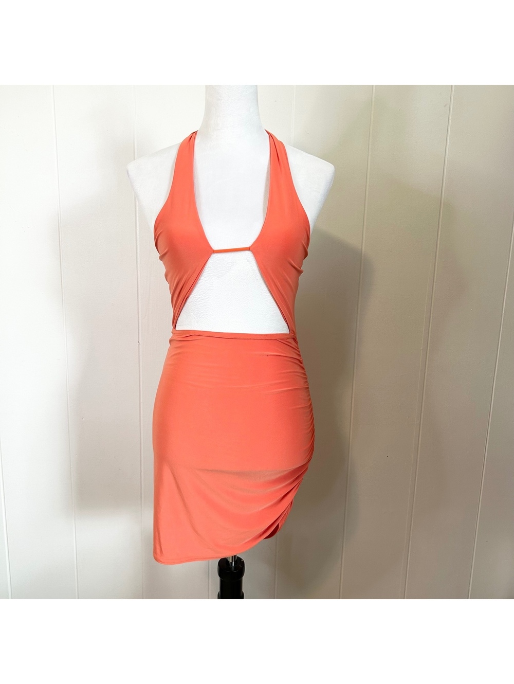 Pretty little thing Neon Orange Cutout Halter Bodycon Fitted Dress Women's 4